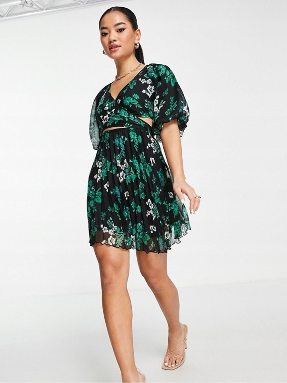 ASOS DESIGN Petite Floral Cutout Tie Front Mini Dress Black Green US 6 EU 38